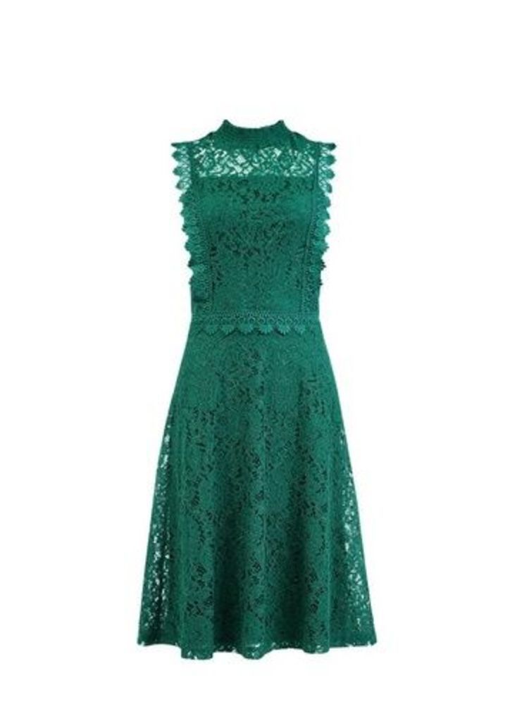 Womens Green Shirred Neck Lace Midi Dress With Cotton, Green