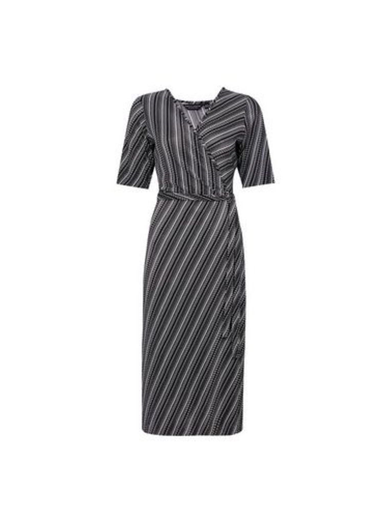 Womens Black Stripe Print Plisse Midi Dress, Black
