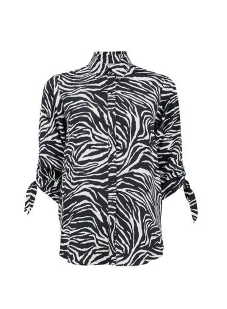 Womens Petite Multi Coloured Zebra Print Shirred Sleeve Shirt- Black, Black