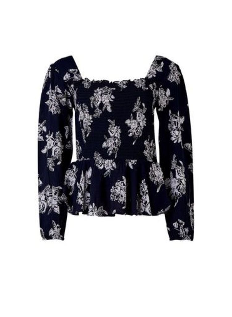 Womens Navy Floral Print Silhouette Square Neck Top - Blue, Blue