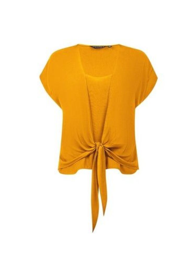 Womens Yellow Underlay Tie Front Tee - Orange, Orange