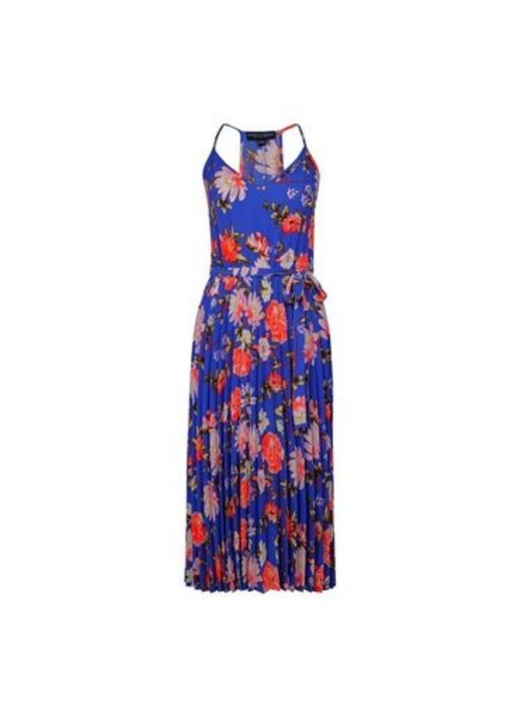 Womens **Multi Colour Floral Print Pleated Midi Dress, Multi Colour