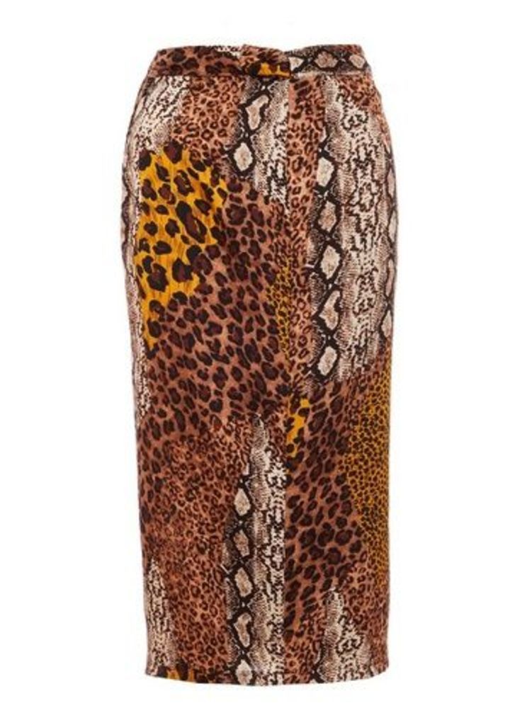 Womens Quiz Multi Colour Satin Snake And Leopard Print Skirt - Brown, Brown