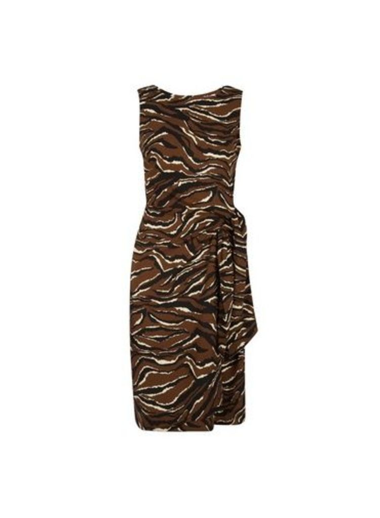 Womens Chocolate Tie Side Zebra Print Pencil Dress- Brown, Brown