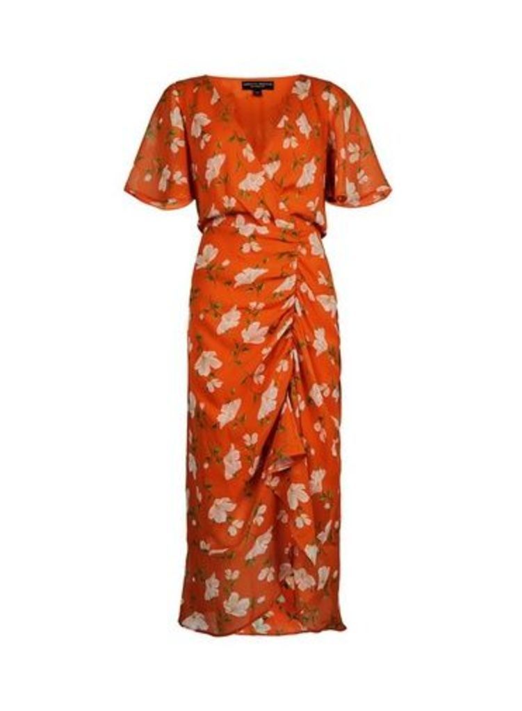 Womens **Orange Floral Print Ruched Midi Dress - Multi Colour, Multi Colour