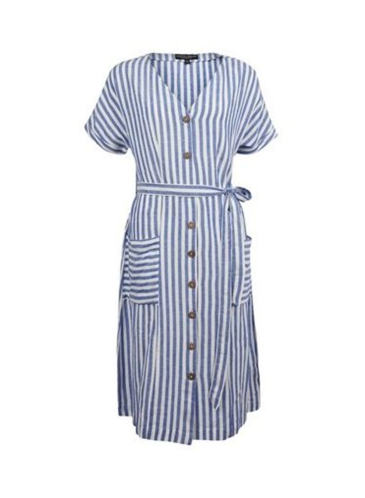 Womens Blue Stripe Print Linen Midi Dress- Blue, Blue