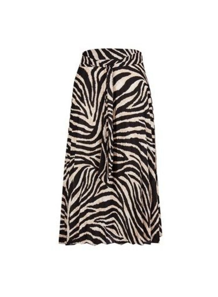 Womens Petite Multi Colour Zebra Print Pleated Midi Skirt- Black, Black