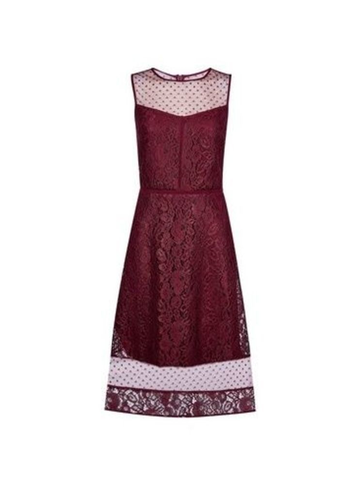 Womens **Luxe Mulberry Red Lace Mix Midi Dress, Red