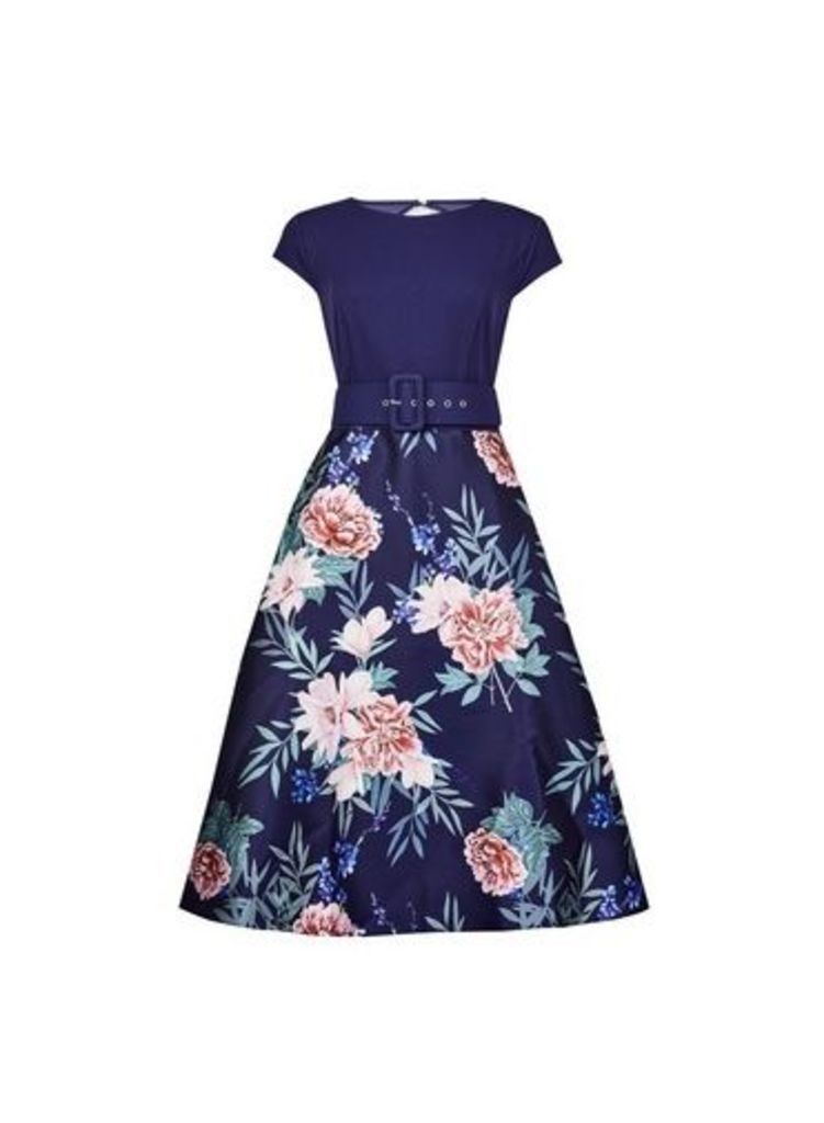 Womens Luxe Navy Floral Print Belted Midi Skater Dress - Blue, Blue