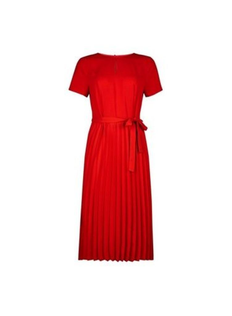 Womens Red Keyhole Pleated Midi Dress, Red