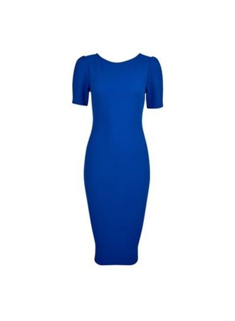 Womens Cobalt Blue Ruched Sleeve Bodycon Dress, Cobalt
