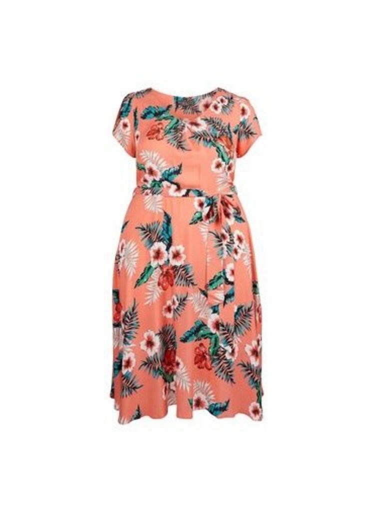 Womens **Billie & Blossom Curve Coral Tropical Print Skater Dress, Coral