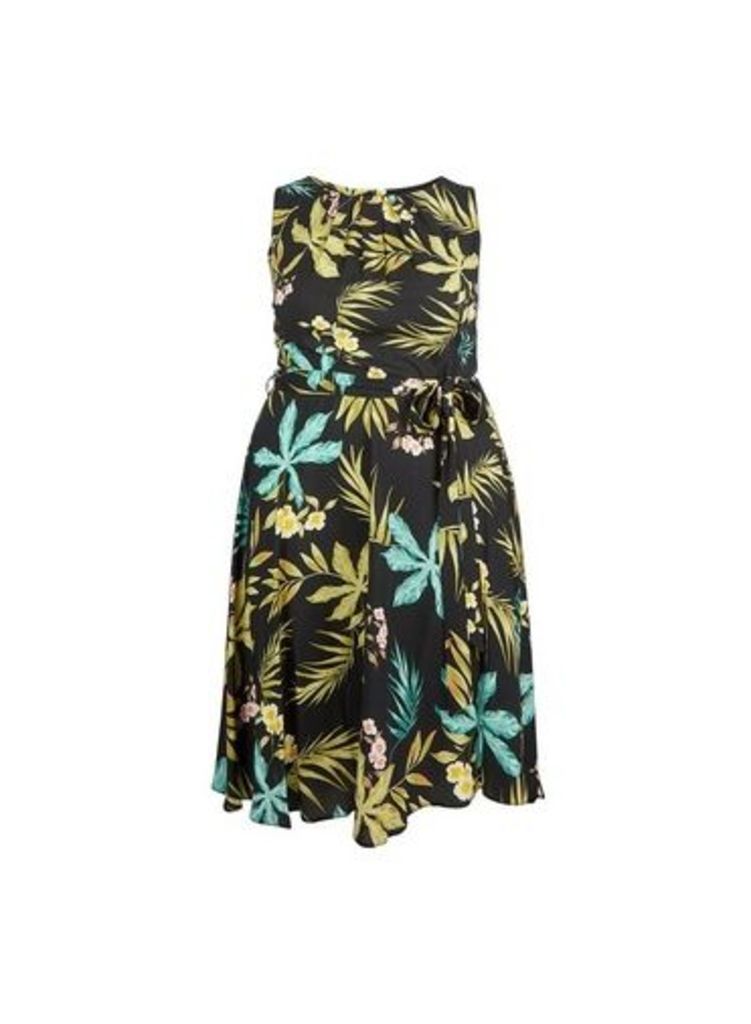 Womens **Billie & Blossom Curve Black Palm Print Dress, Black