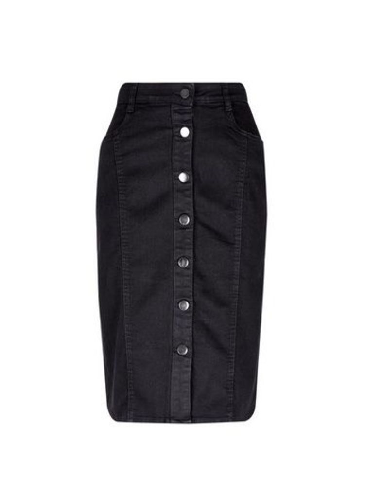Womens Black Button Midi Cotton Blend Skirt, Black