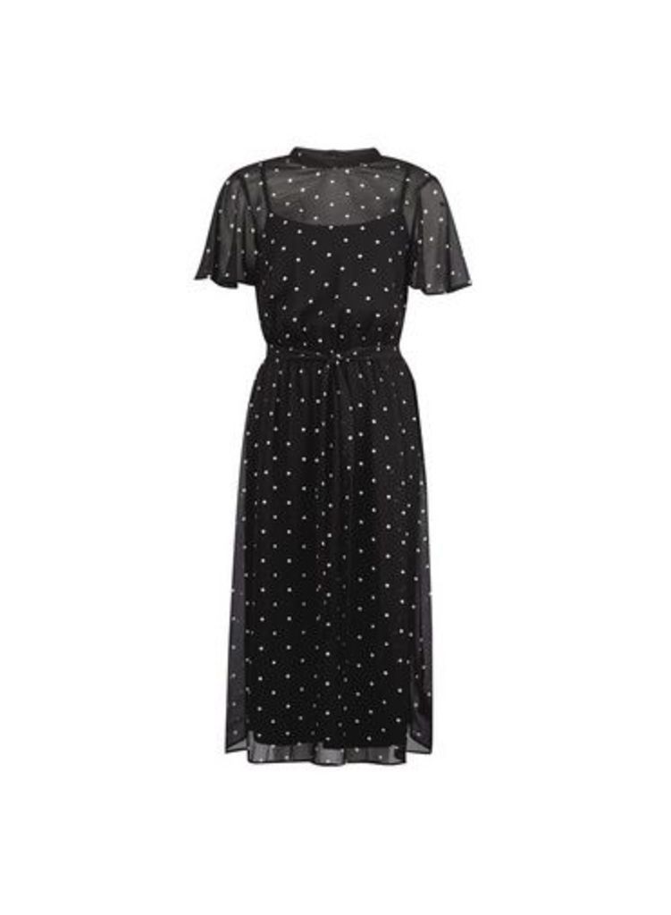 Womens Black Spot Print Belted Fit And Flare Dress, Black