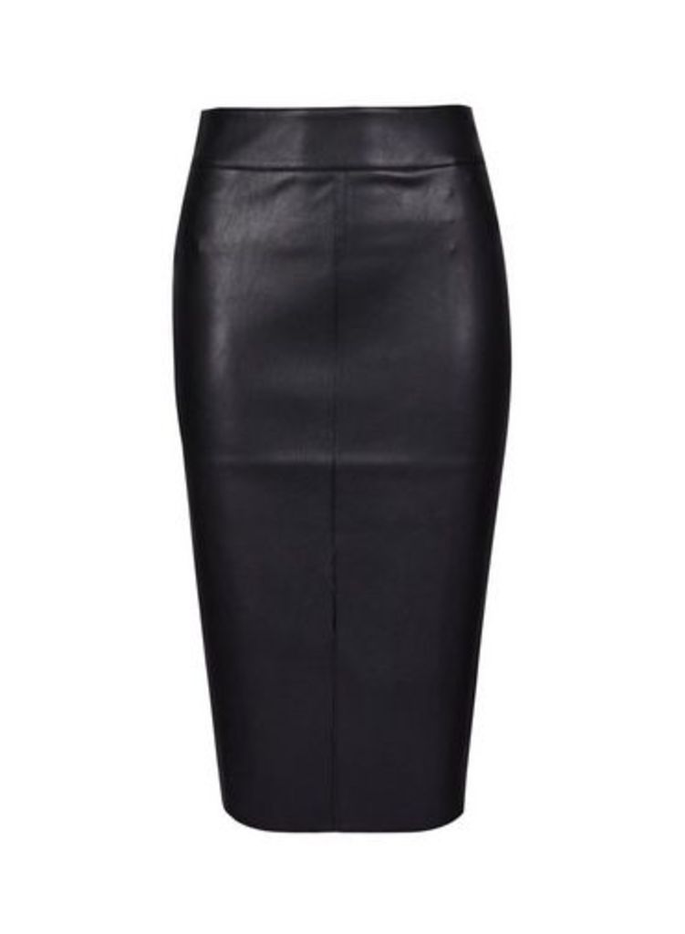 Womens Petite Black Pu Midi Skirt, Black