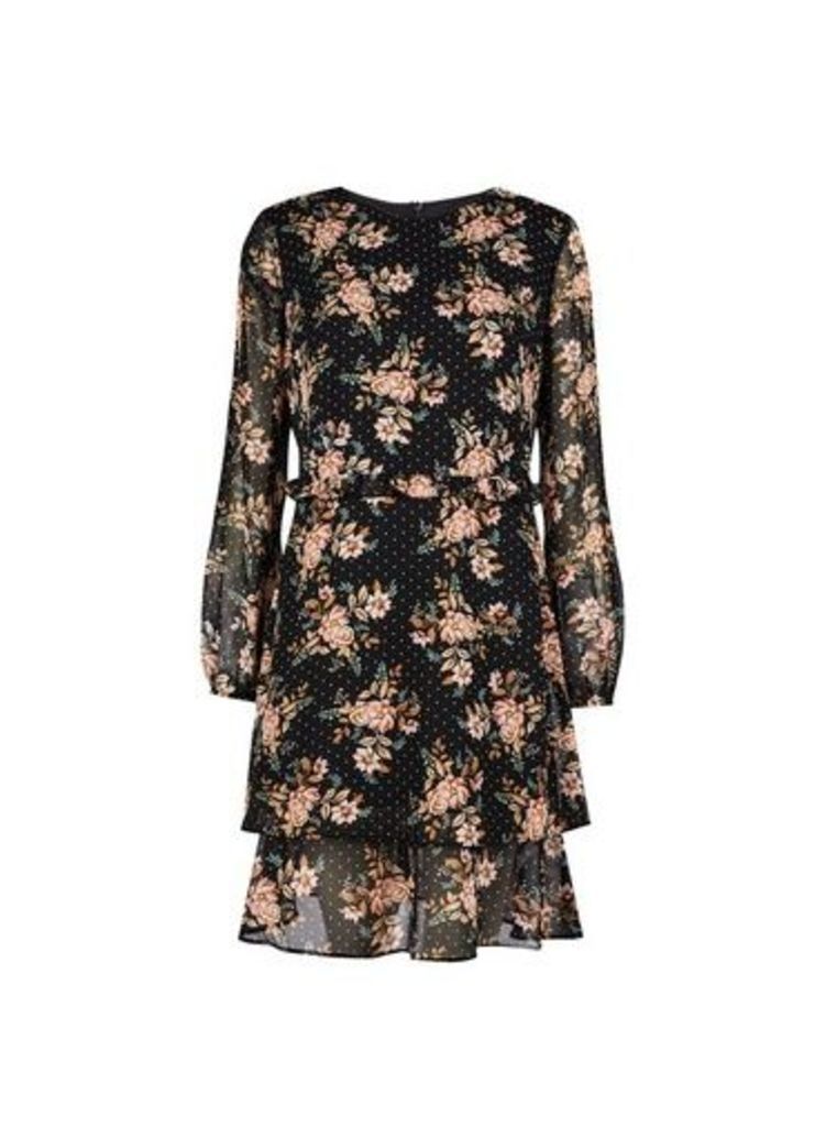 Womens Black Floral Print Ruffle Fit And Flare Dress, Black