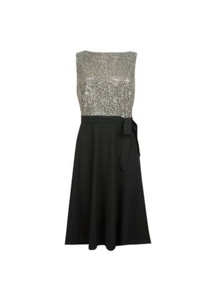 Womens Black Sequin Top Fit And Flare Dress, Black