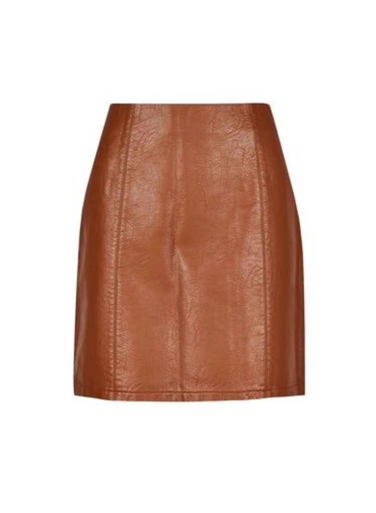 Womens Tan Seam Pu Mini Skirt - Brown, Brown