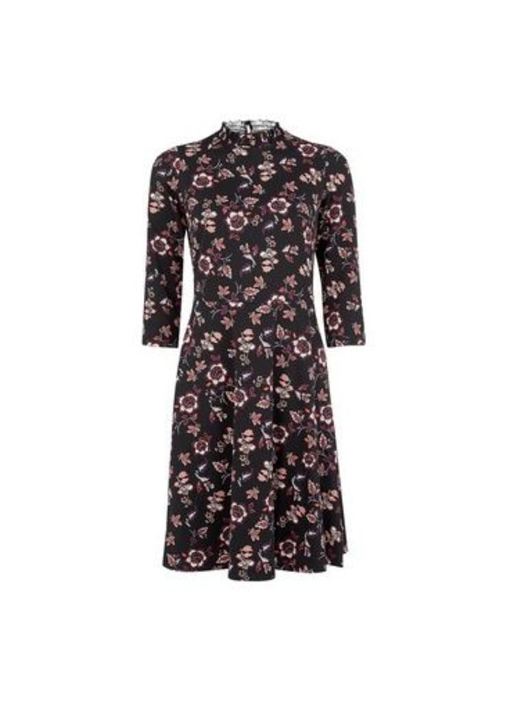 Womens Black Floral Print Shirred Fit And Flare Cotton Blend Dress, Black
