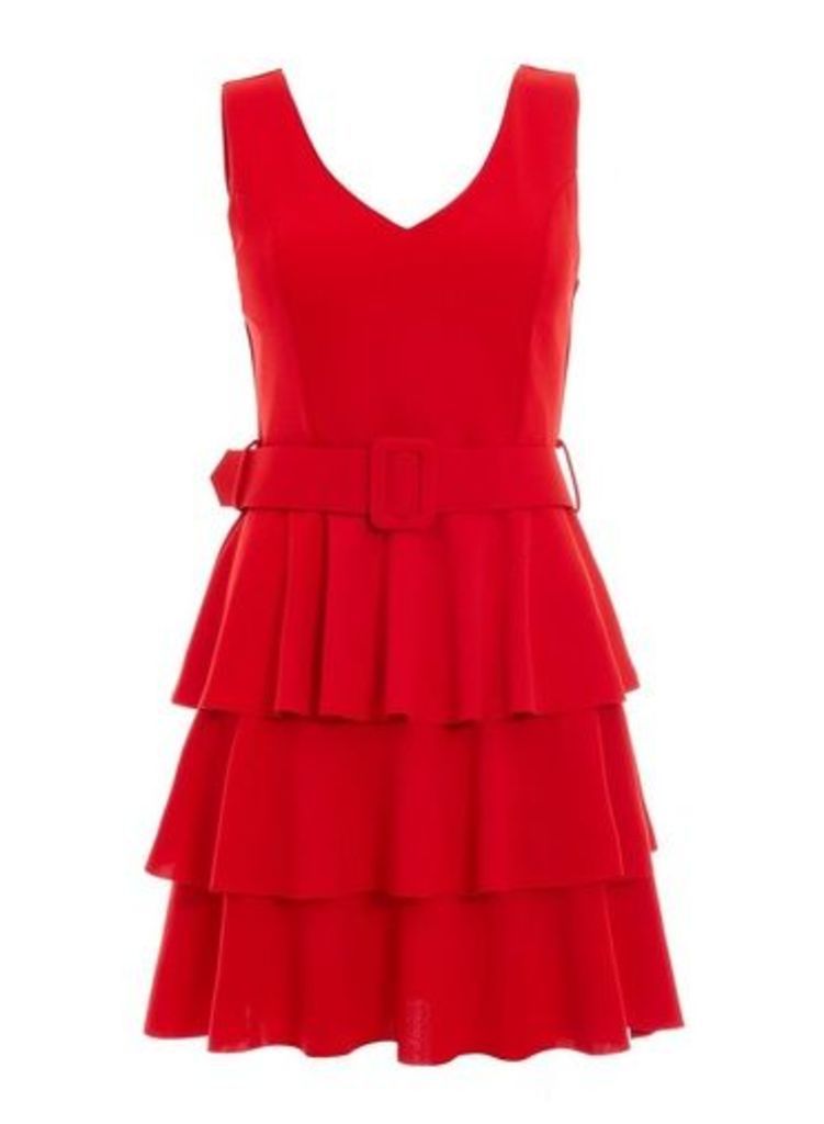 Womens Quiz Red Layered Ra-Ra Belted Dress, Red