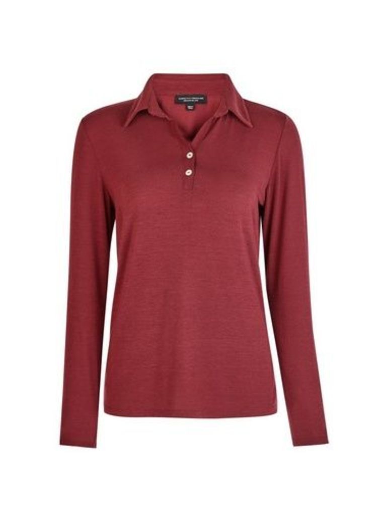 Womens Oxblood Long Sleeve Polo Top - Red, Red