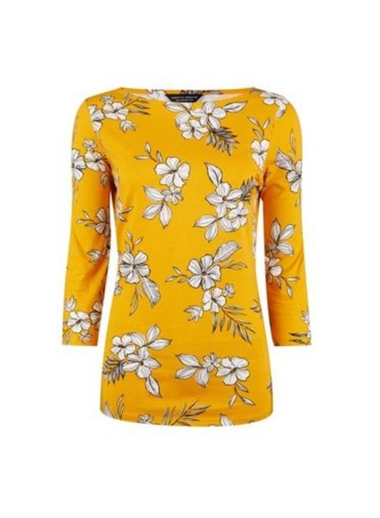 Womens Yellow Floral Print 3/4 Sleeve Cotton T-Shirt, Yellow
