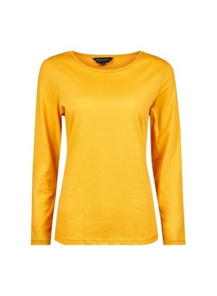 Womens Yellow Long Sleeve Crew Cotton T-Shirt- Orange, Orange