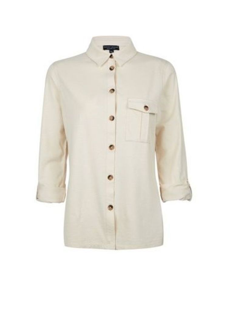 Womens Stone Button Utility Cotton Shirt - White, White