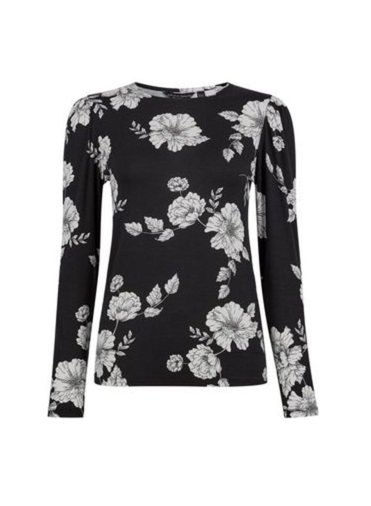 Womens Monochrome Floral Print Puff Sleeve Top- Black, Black