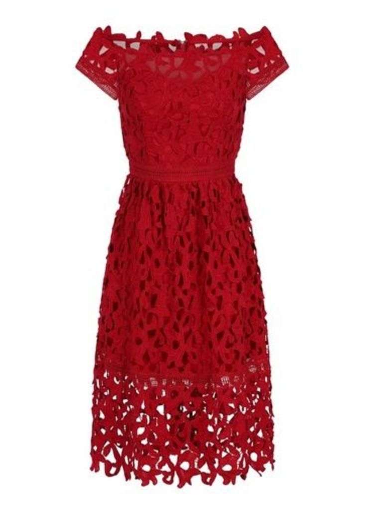 Womens Chi Chi London Red Bardot Crochet Dress, Red