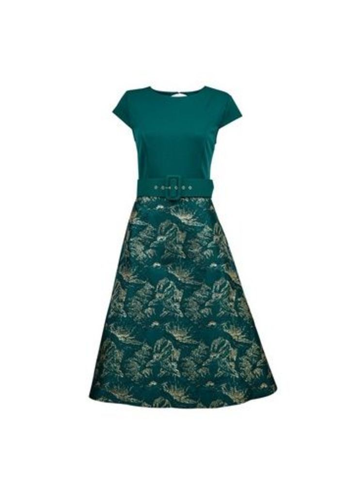 Womens Luxe Green Belted Jacquard Midi Dress, Green
