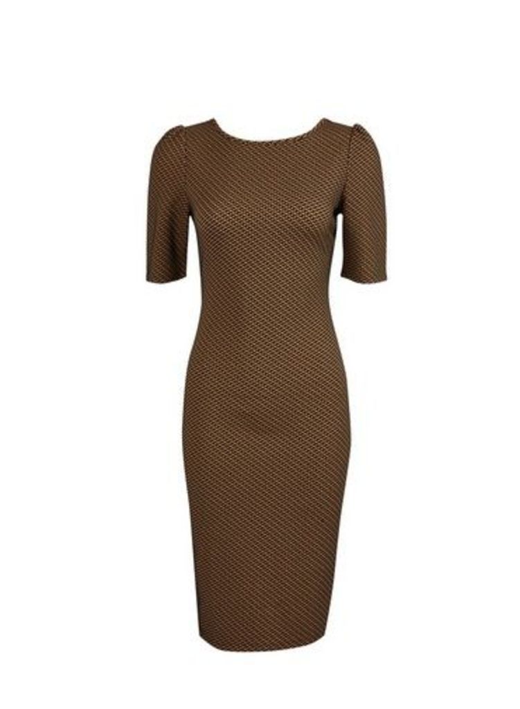 Womens Brown Geometric Print Jacquard Bodycon Dress, Brown