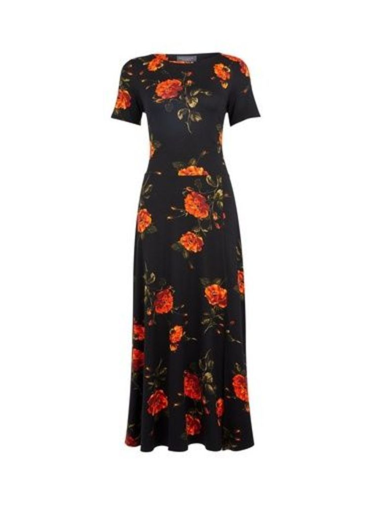 Womens Tall Black Floral Print Midi Dress, Black