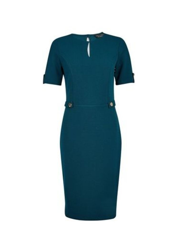 Womens Teal Blue Hammered Button Sleeve Bodycon Dress, Blue