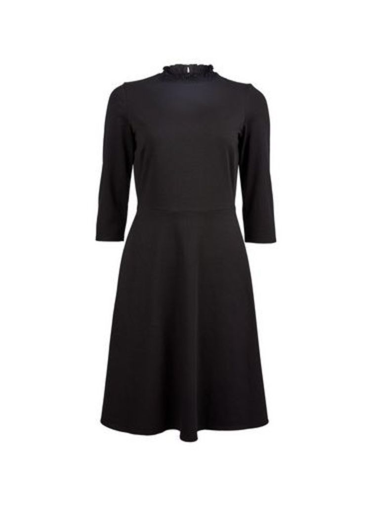 Womens Black 3/4 Sleeve Fit And Flare Cotton Blend Dress, Black