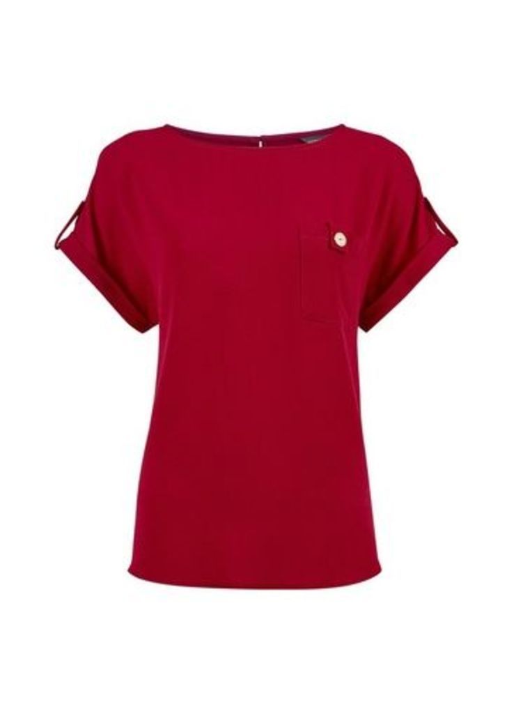 Womens Wine Button Pocket Tee- Red, Red