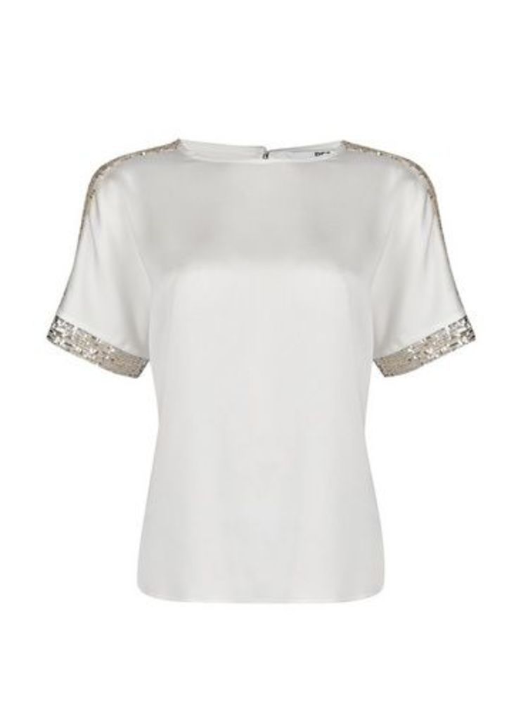 Womens Petite White Shimmer Batwing Top, White