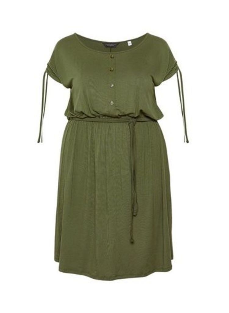 Womens **Dp Curve Khaki Button Down Midi Dress- Green, Green