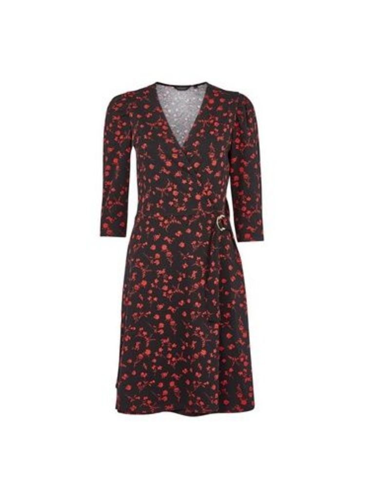 Womens Red Floral Print Buckle Wrap Dress, Red