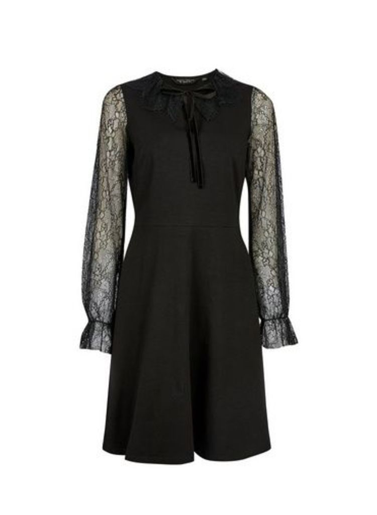 Womens Black Lace Detail Fit And Flare Cotton Blend Dress, Black