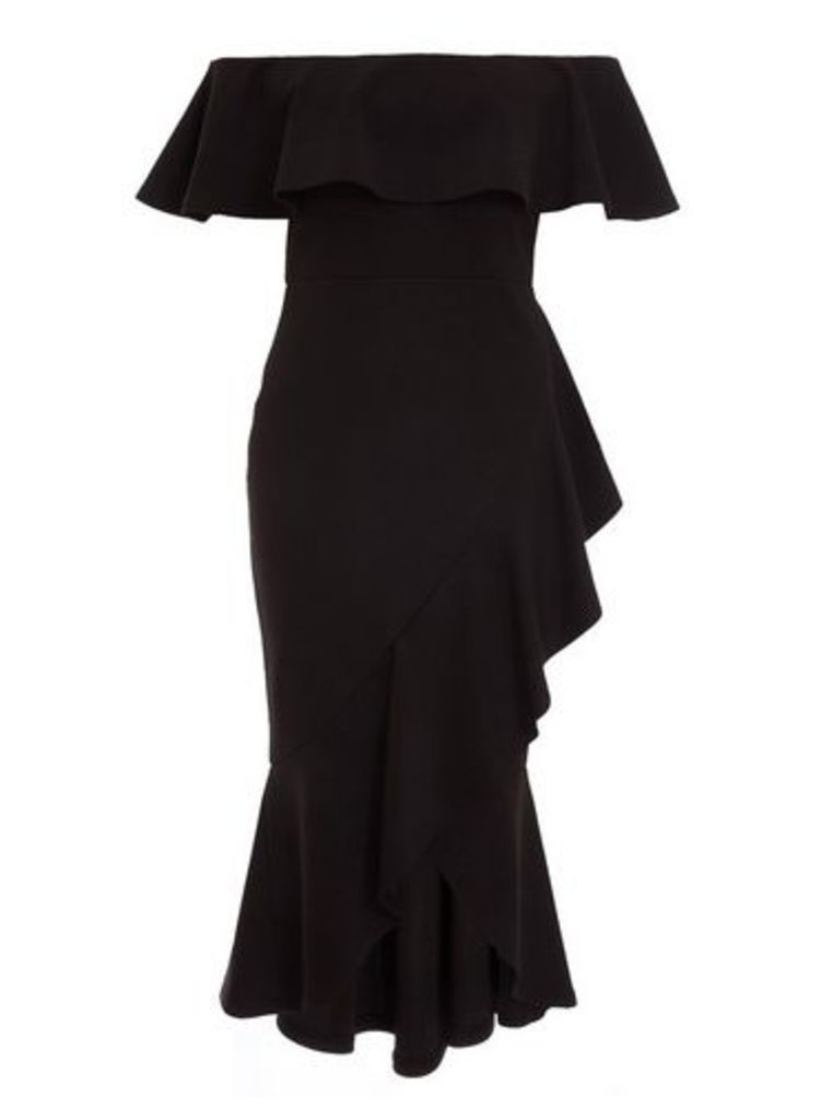 Womens Quiz Black Frill Midi Bardot Dress, Black
