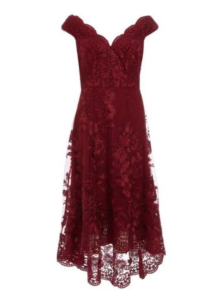 Womens *Quiz Wine Lace Embroidered Dress, Red