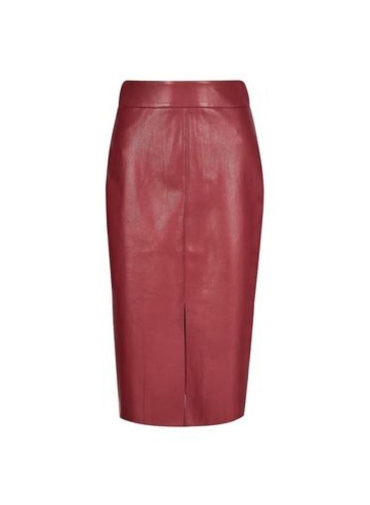 Womens Burgundy Pu Midi Skirt - Red, Red