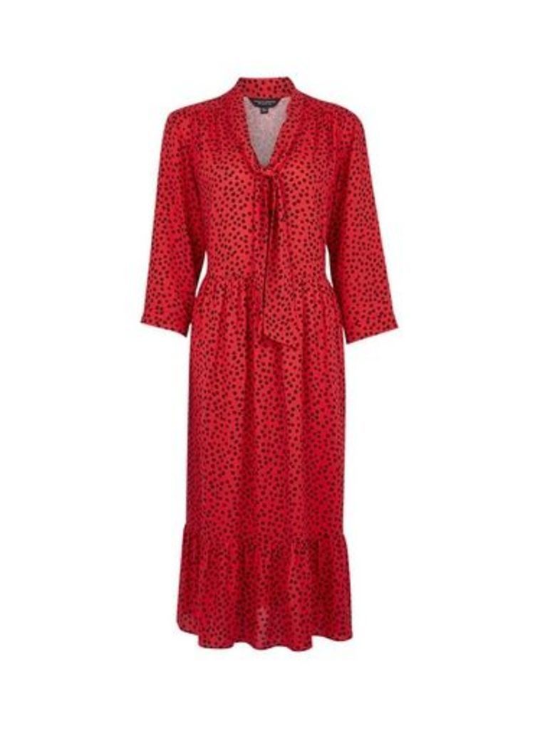 Womens Red Pussy Bow Smock Midi Dress, Red