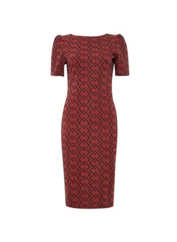 Womens Burgundy Jacquard Ruched Sleeve Bodycon Dress- Red, Red