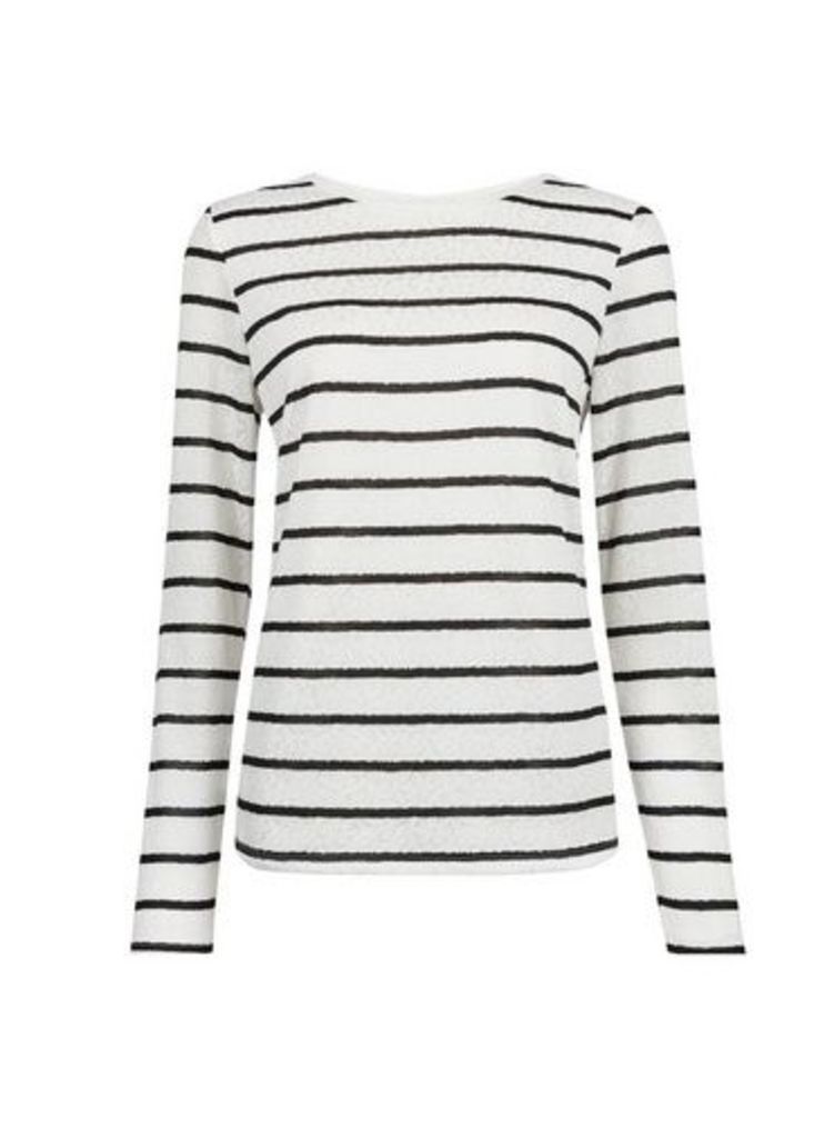 Womens Ivory Jaquard Lace Stripe Top, Ivory