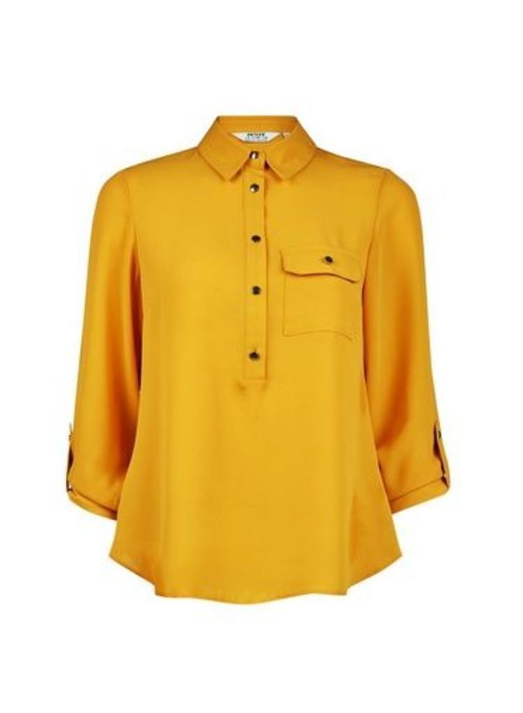 Womens Petite Yellow Roll Sleeve Shirt, Yellow