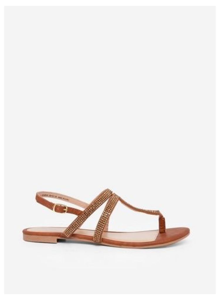 Womens Wide Fit Tan 'Faraway' T-Bar Sandals - Brown, Brown