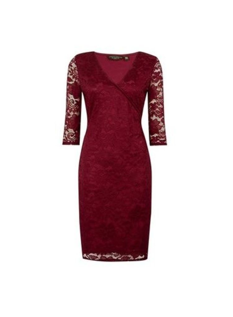 Womens Oxblood Wrap Lace Bodycon Dress - Red, Red